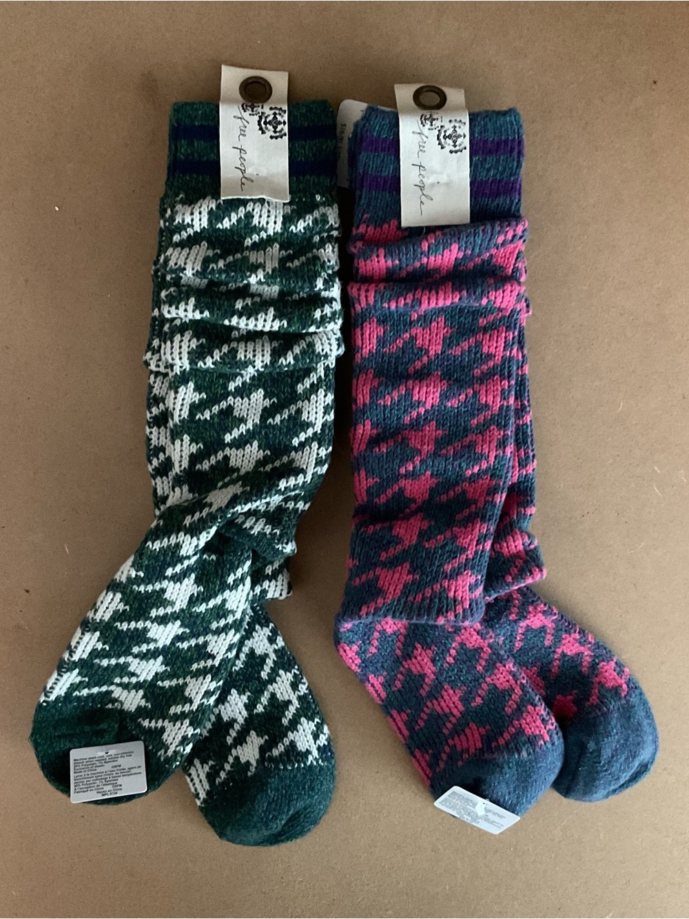 2 Pair NWT Free People Houndstooth Socks Ultra Soft Green Pink